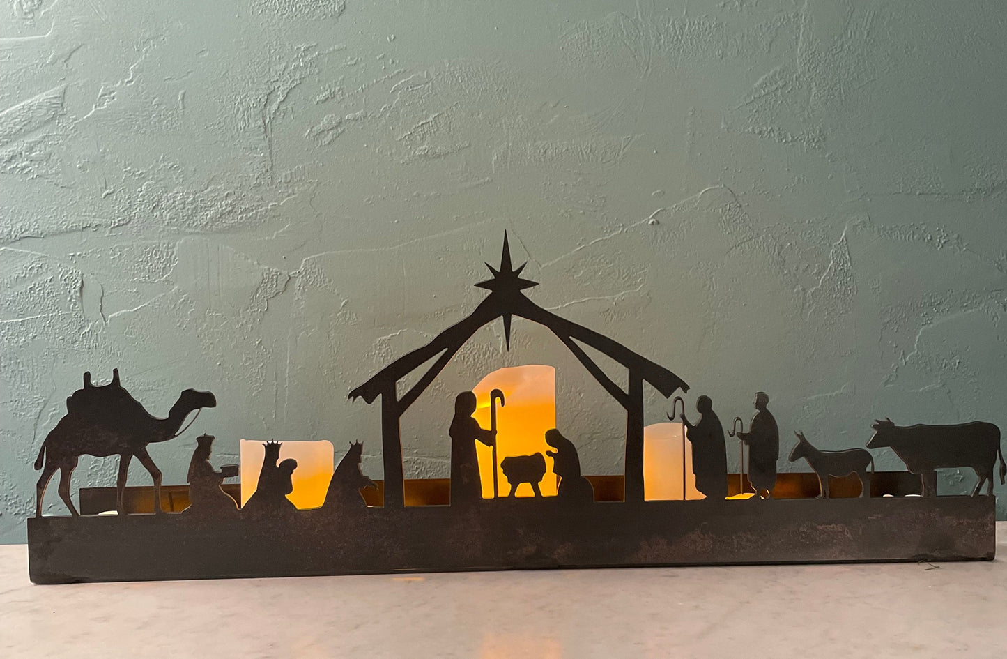 Large Rustic Metal Nativity Tealight Holder